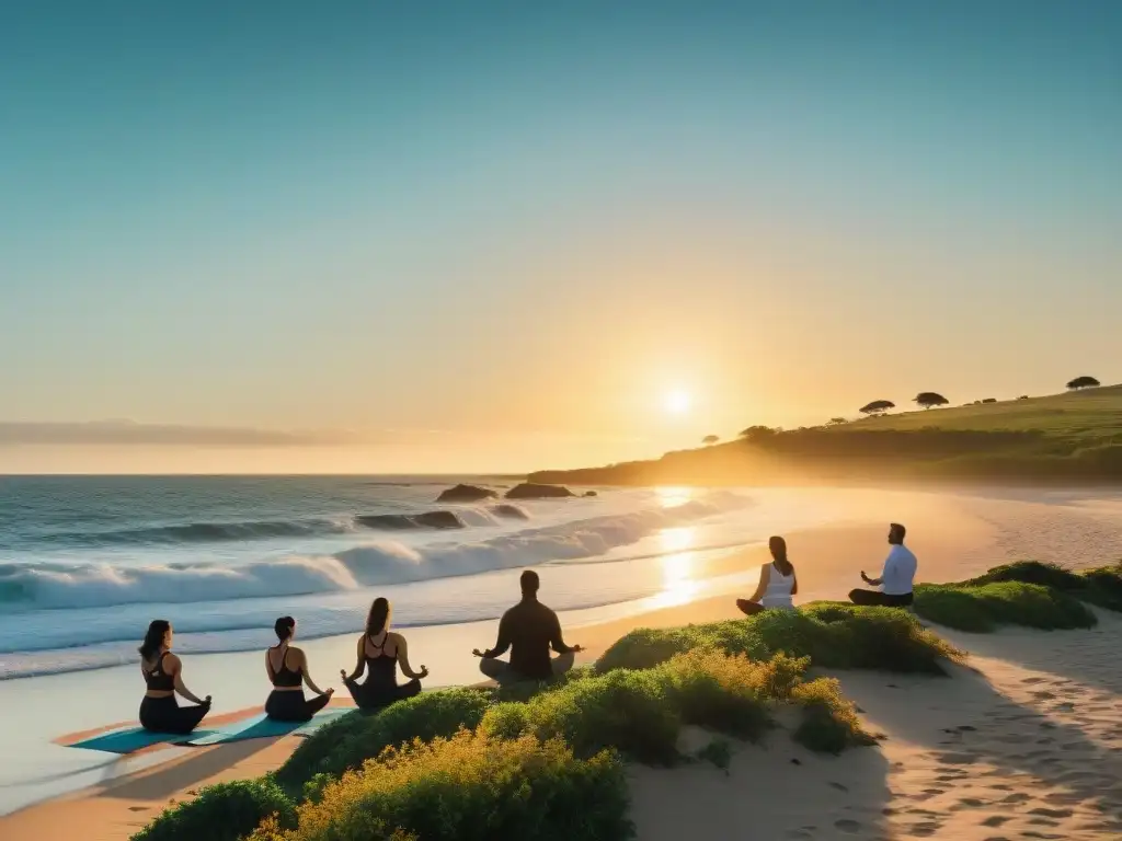 Retiros de desconexión digital en Uruguay: Atardecer sereno en la playa, personas practicando yoga y meditando