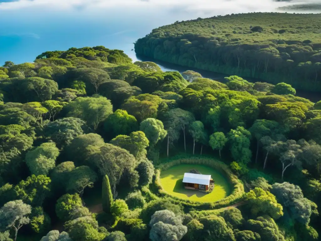 Retiros de desconexión en Uruguay: Bosque exuberante con río sereno y cabaña entre árboles