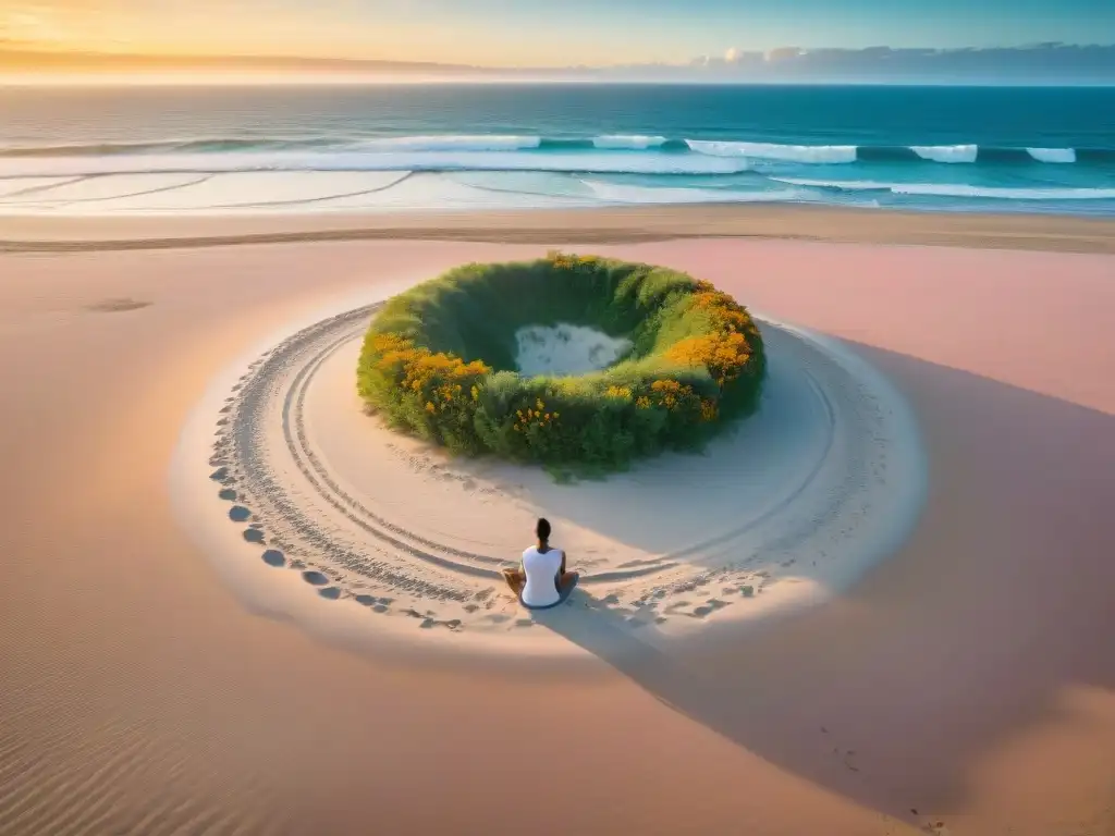 Retiros de desconexión en Uruguay: Grupo meditando en playa serena al atardecer