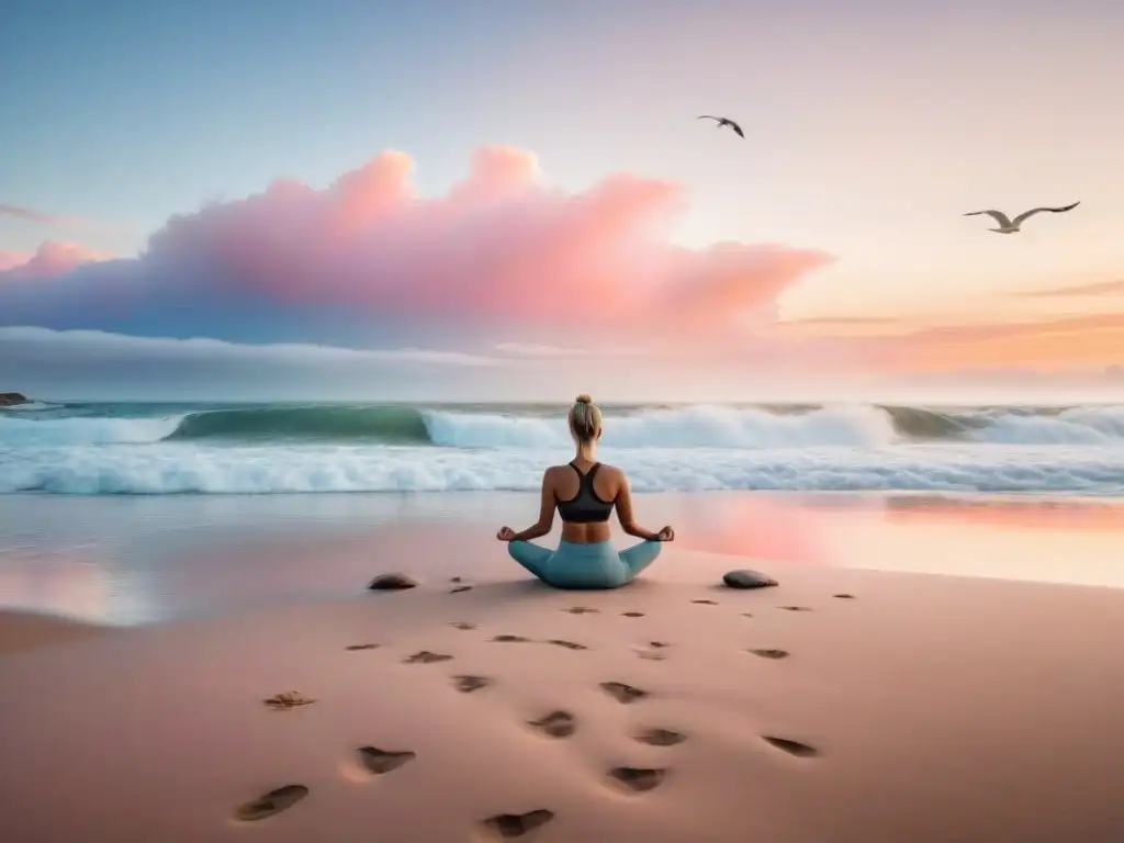 Retiros de yoga y meditación en Uruguay: Practicante de yoga en una playa serena al amanecer, rodeado de paz y armonía