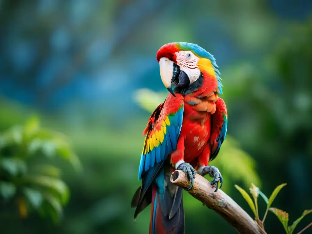 Un retrato detallado de una guacamaya escarlata en Laguna Garzón, Uruguay