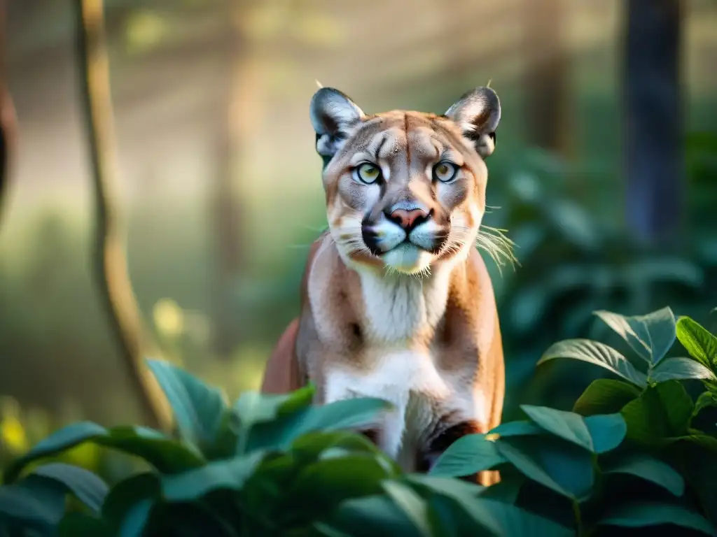 Retrato detallado de un majestuoso Puma en los bosques de Uruguay, mostrando su belleza salvaje