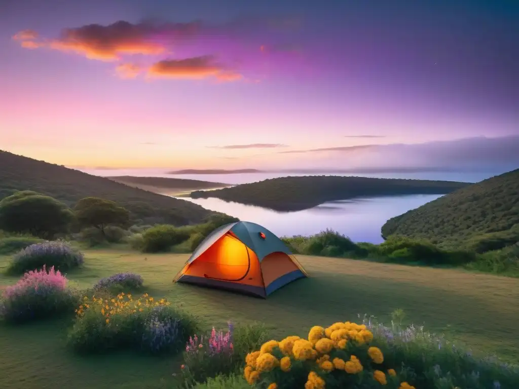 Retrato documental de un atardecer vibrante en un campamento tranquilo en Uruguay