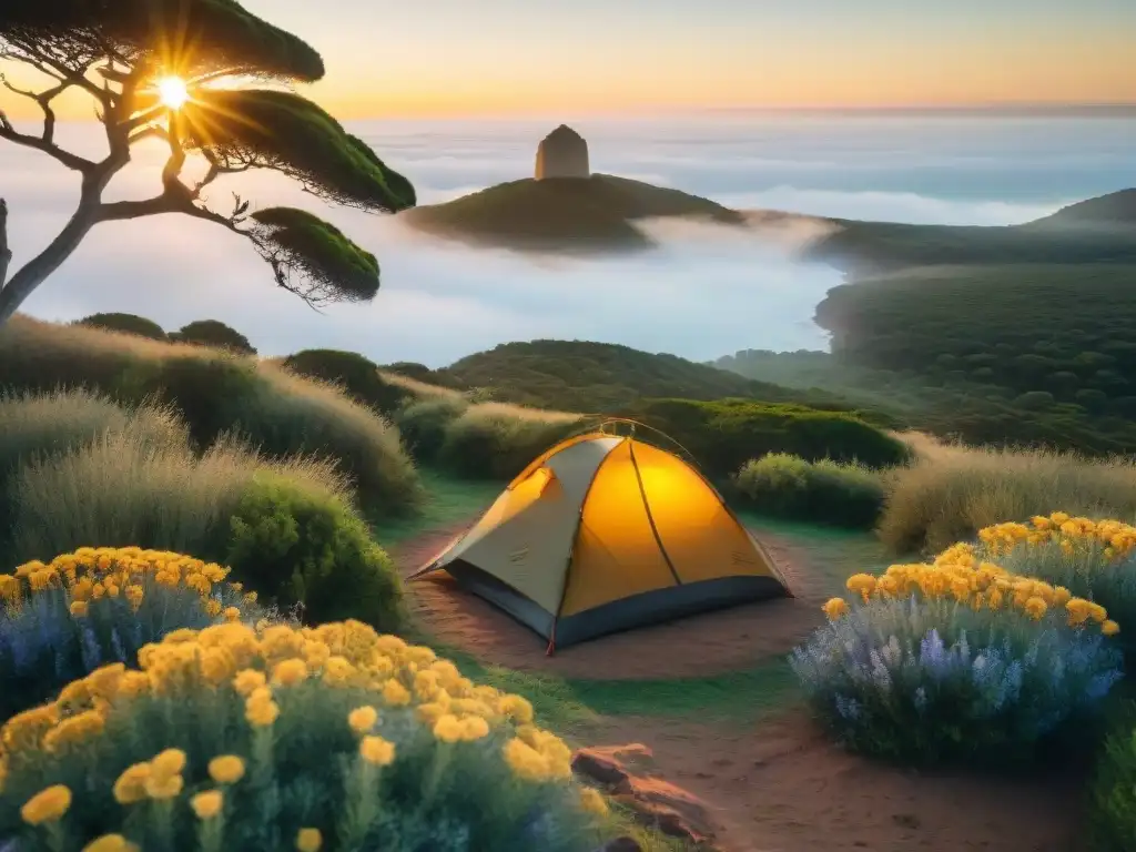 Un rincón inexplorado en Uruguay: Campamento en la naturaleza con tienda de acampar, fogata y atardecer dorado