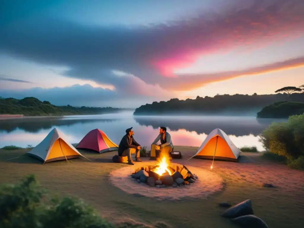 Acampando en el río al atardecer en Uruguay, con fogata iluminando el campamento entre la naturaleza exuberante y leyendas locales compartidas