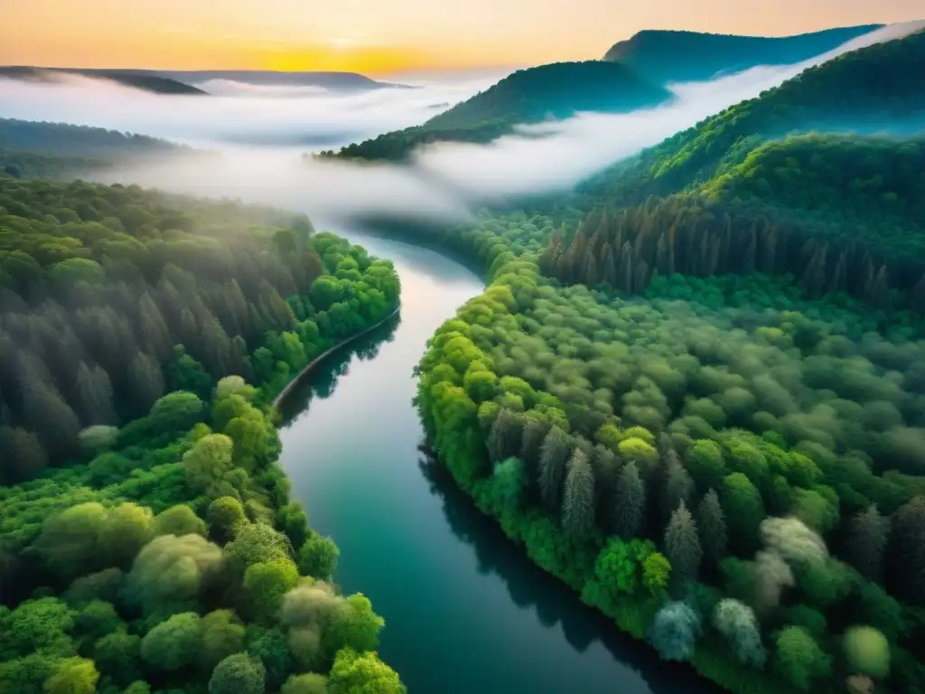 Río serpenteando por bosque verde, sol reflejado en agua