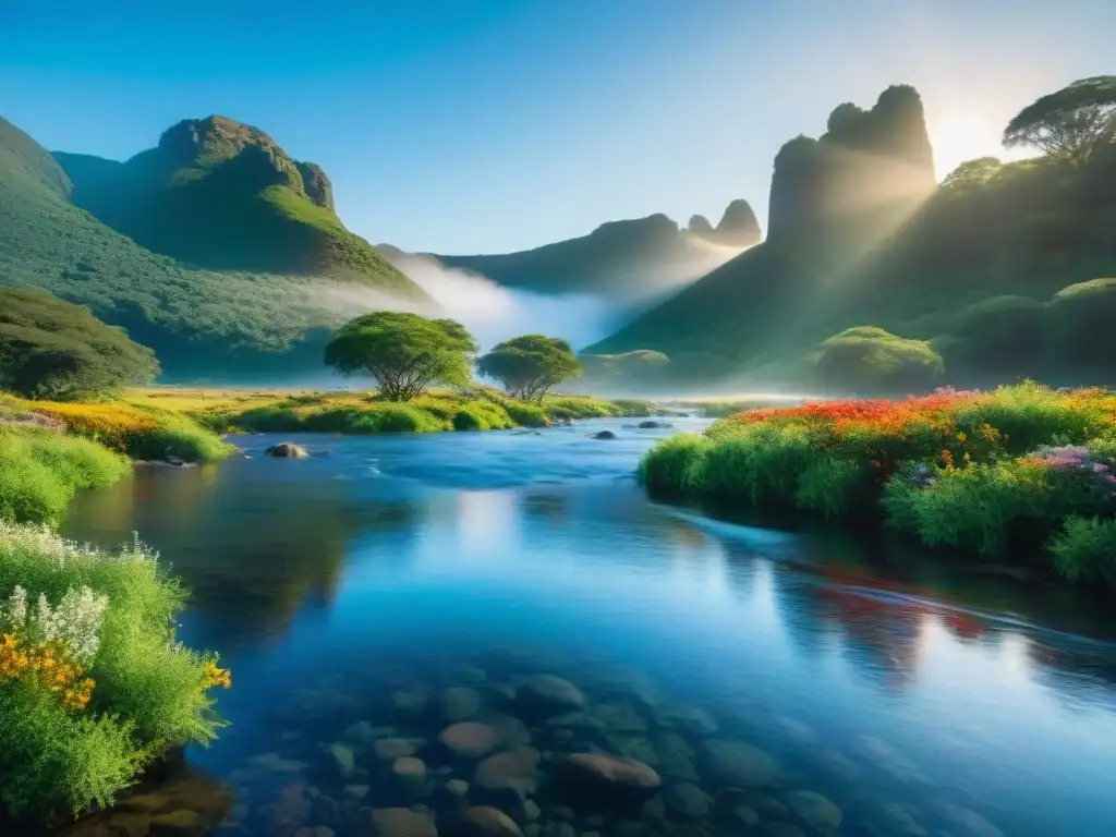 Río cristalino en Uruguay: agua azul pura, rocas suaves, árboles verdes y flores silvestres