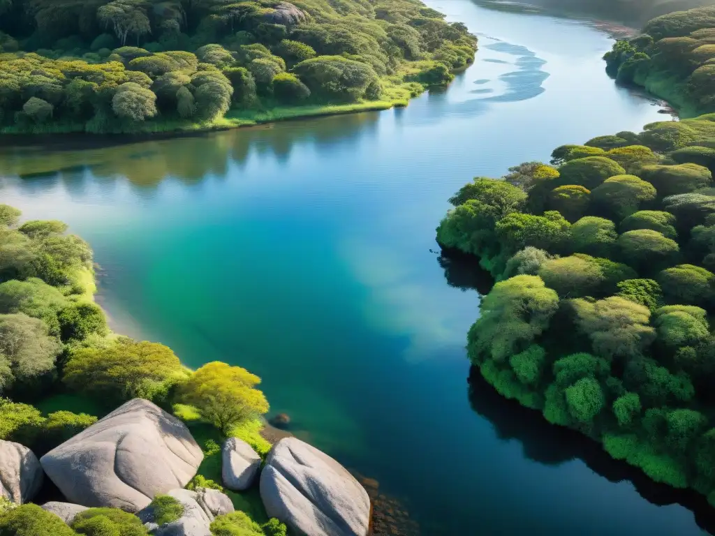 Un río sereno en Uruguay, con agua cristalina y aves coloridas, muestra la importancia de técnicas de purificación de agua