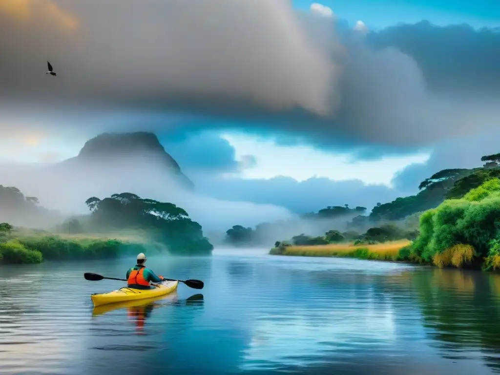 Un río sereno en Uruguay, con un kayak deslizándose pacíficamente, rodeado de vegetación exuberante y aves coloridas