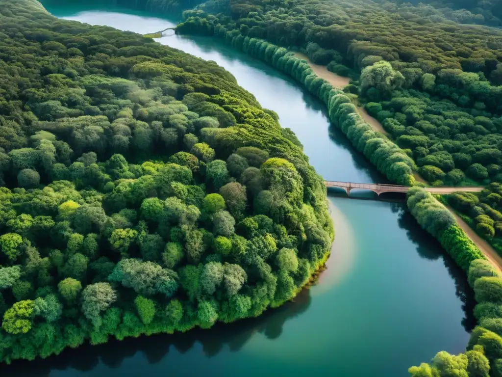 Un río serpenteante rodeado de exuberante vegetación en un denso bosque de Uruguay, con el sol filtrando luz a través del dosel sobre el agua, creando un escena natural serena y pintoresca que serviría como una representación visual perfecta para el artículo sobre marcas naturales de orientación en ac