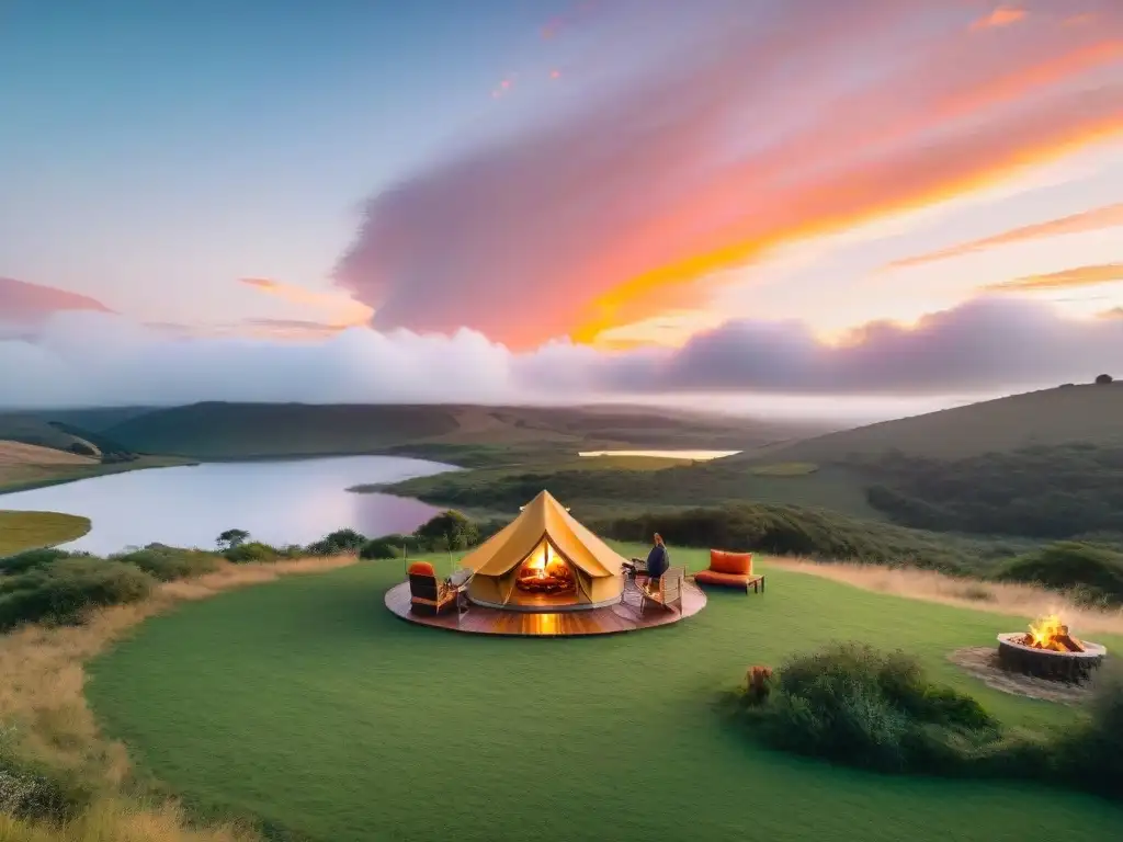 Romántico atardecer en glamping para parejas en Uruguay con tienda de lujo bajo cielo naranja y rosa sobre paisaje verde exuberante