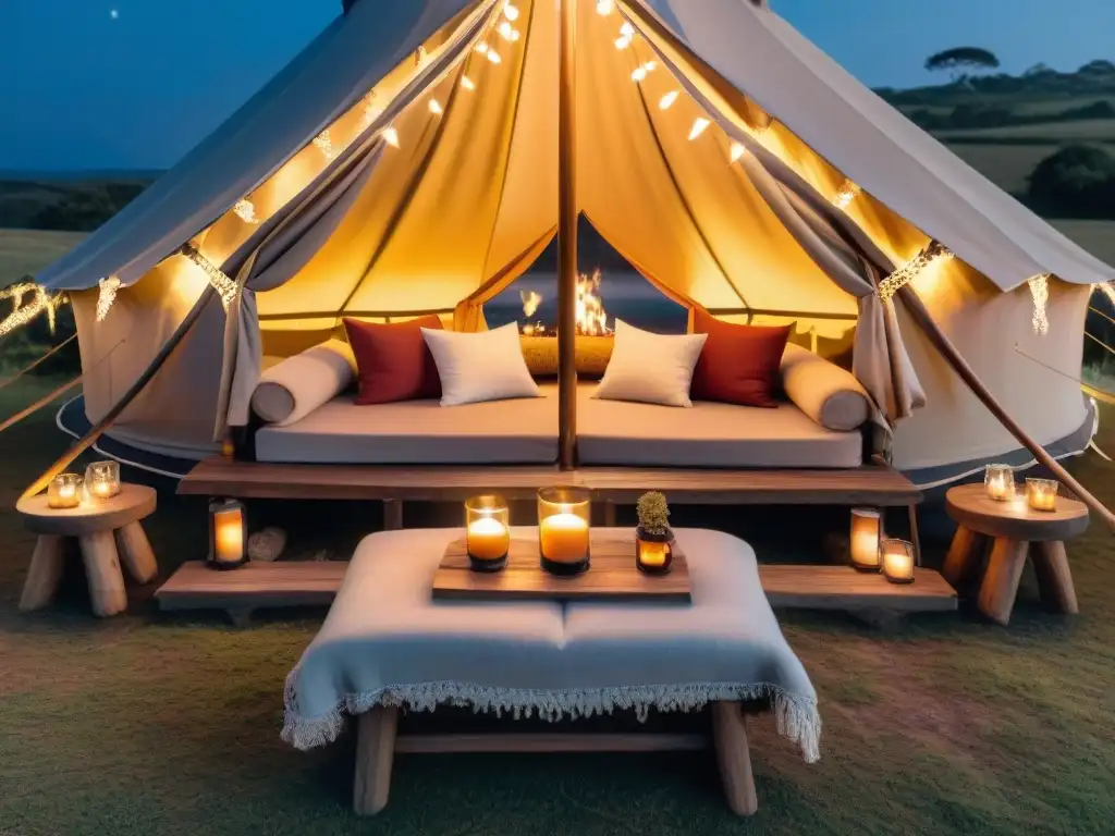 Romántico glamping en Uruguay para parejas bajo las estrellas y luces de hadas en la noche