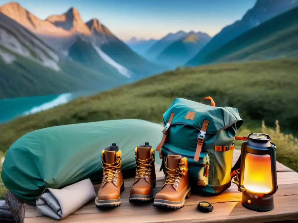 Ropa de camping de lujo en mesa de madera con equipo y paisaje de montaña estrellado