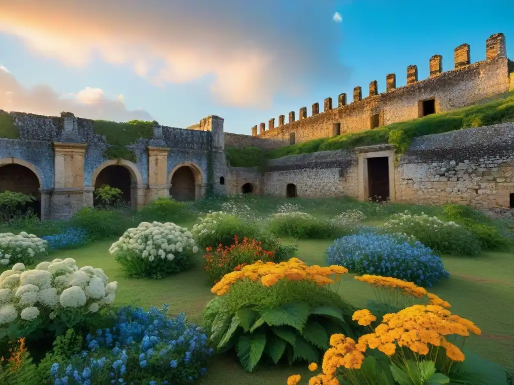 Ruinas de Fortaleza de Santa Teresa al atardecer, con sombras cálidas en paredes de piedra erosionadas y vegetación exuberante