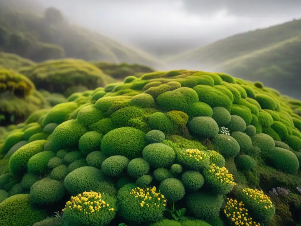 Un rincón secreto de la naturaleza en Uruguay: musgo verde vibrante y flores silvestres en una roca, bajo el sol filtrado entre árboles