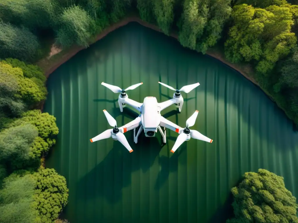 Exploración segura camping Uruguay drones: Un dron de alta tecnología sobrevolando un campamento verde en Uruguay