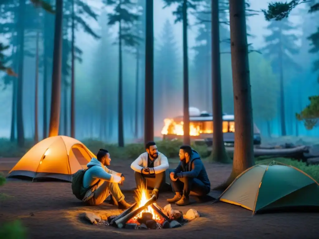 La seguridad abraza la naturaleza: campistas disfrutan alrededor de una fogata en el bosque, con un sistema de alarma moderno