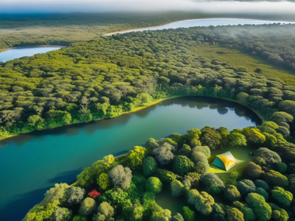 Un rincón seguro de acampada en Uruguay, rodeado de naturaleza exuberante y un río sereno