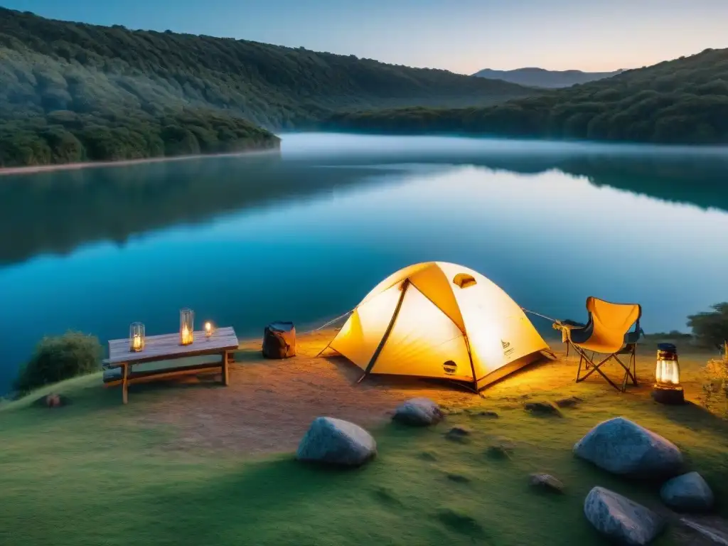 Acampar seguro cerca agua en Uruguay: campamento sereno junto al lago con tienda, fogata y sillas de camping