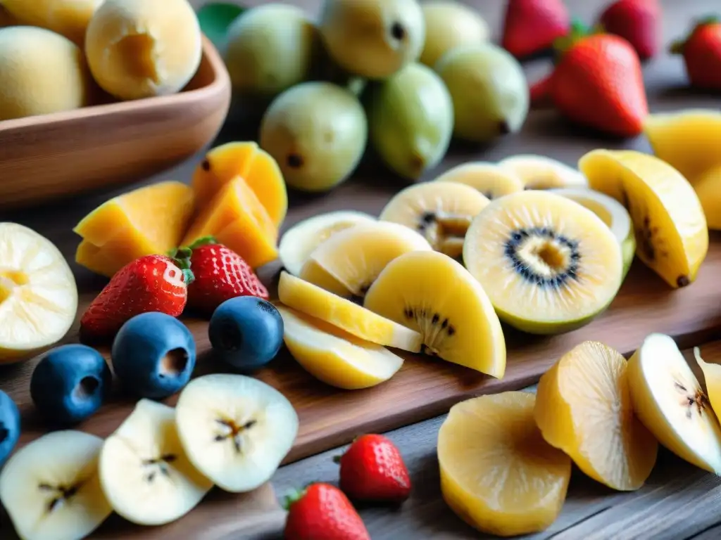 Una selección colorida de frutas deshidratadas en una mesa rústica, iluminadas por la suave luz del sol