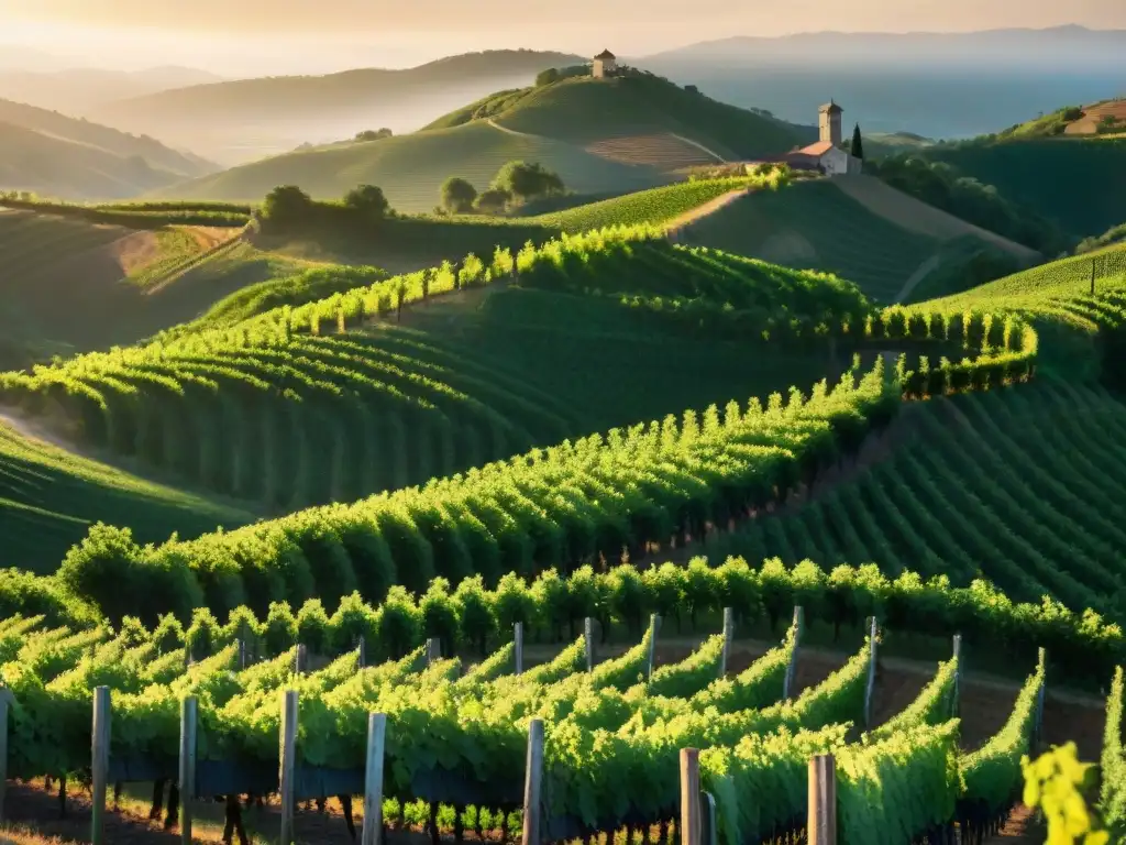 Senderismo en ruta del vino: Senderistas exploran viñedos al atardecer, bajo un cielo dorado y cálido