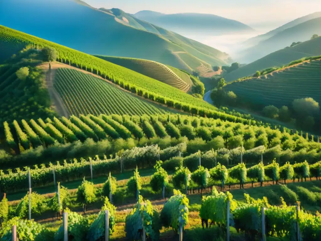 Senderismo en ruta del vino: Viñedos verdes, colinas onduladas, cielo azul y senderistas recorriendo los caminos entre las vides