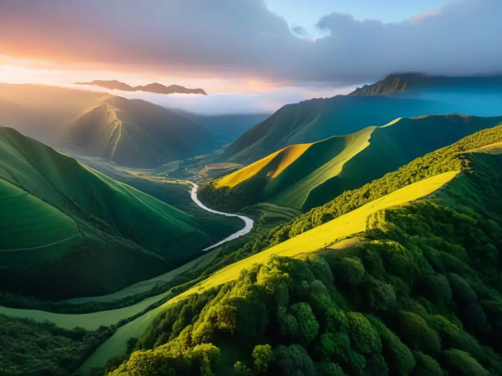 Senderismo en Valle de Lunarejo: panorámica del valle al atardecer con senderos y colores vibrantes del cielo al caer el sol