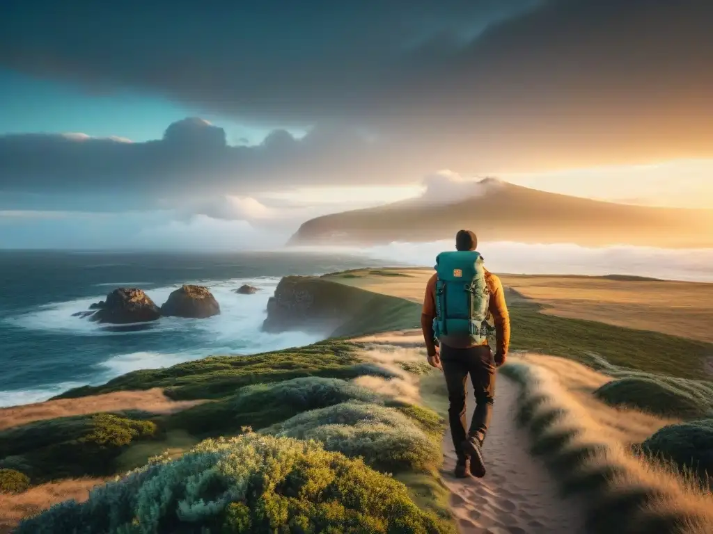 Un senderista camina en la costa uruguaya al atardecer con una mochila técnica ultraligera para camping