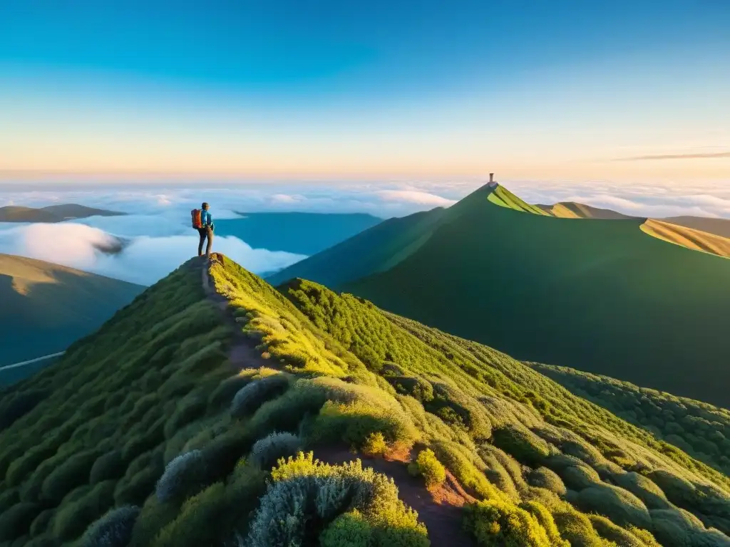 Un senderista en la cumbre de Cerro Catedral en Uruguay, con su GPS y brújula, rodeado de naturaleza exuberante