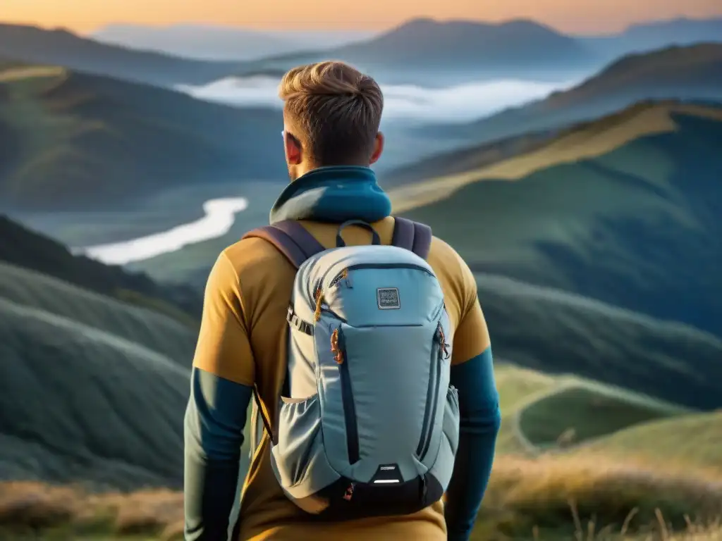 Un senderista con la mejor mochila técnica y soporte lumbar, camina seguro por las colinas de Uruguay al atardecer