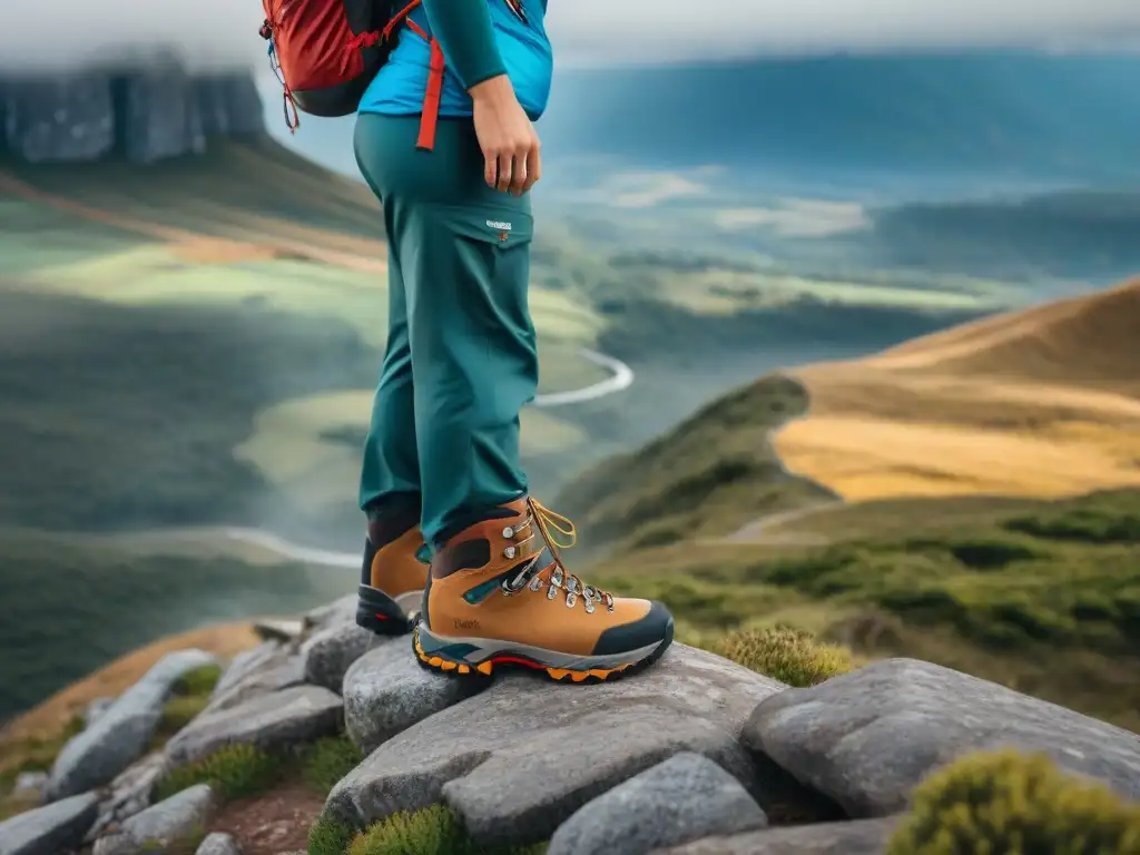 Un senderista contempla el paisaje uruguayo desde un acantilado con calzado de trekking para explorar Uruguay