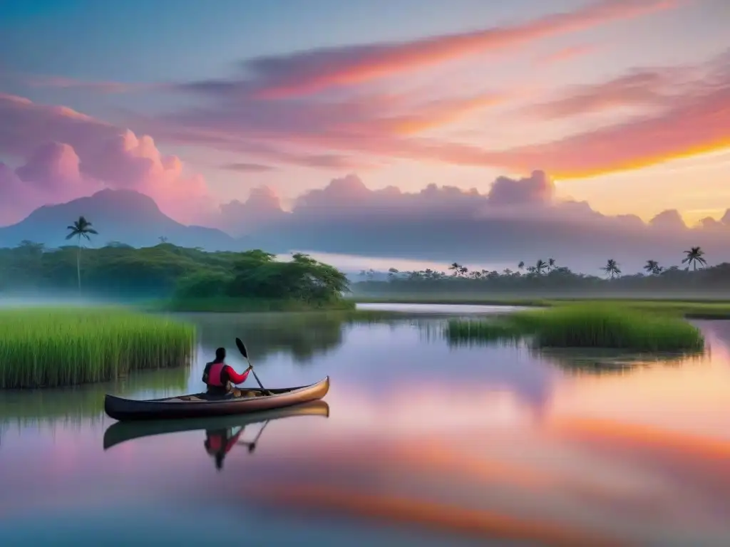 Sendero acuático Bañados del Este: Atardecer rosa reflejado en aguas tranquilas, canoísta solitario entre vegetación exuberante y fauna diversa