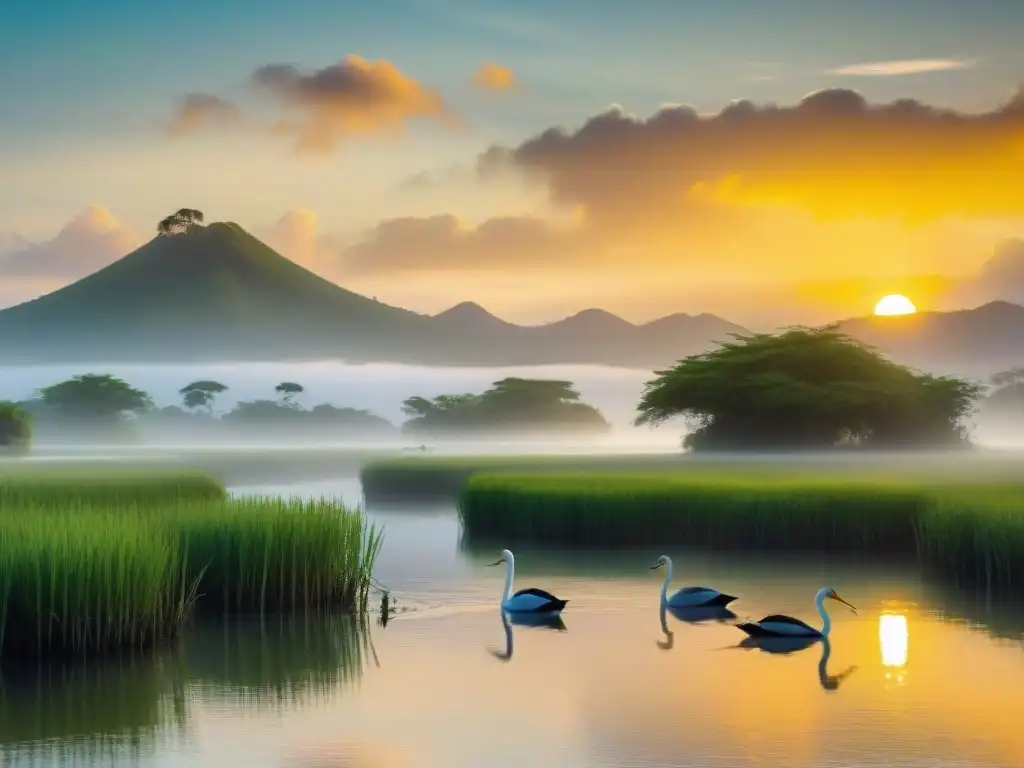 Sendero acuático Bañados del Este: un paisaje sereno con aves coloridas y el sol dorado reflejado en el agua