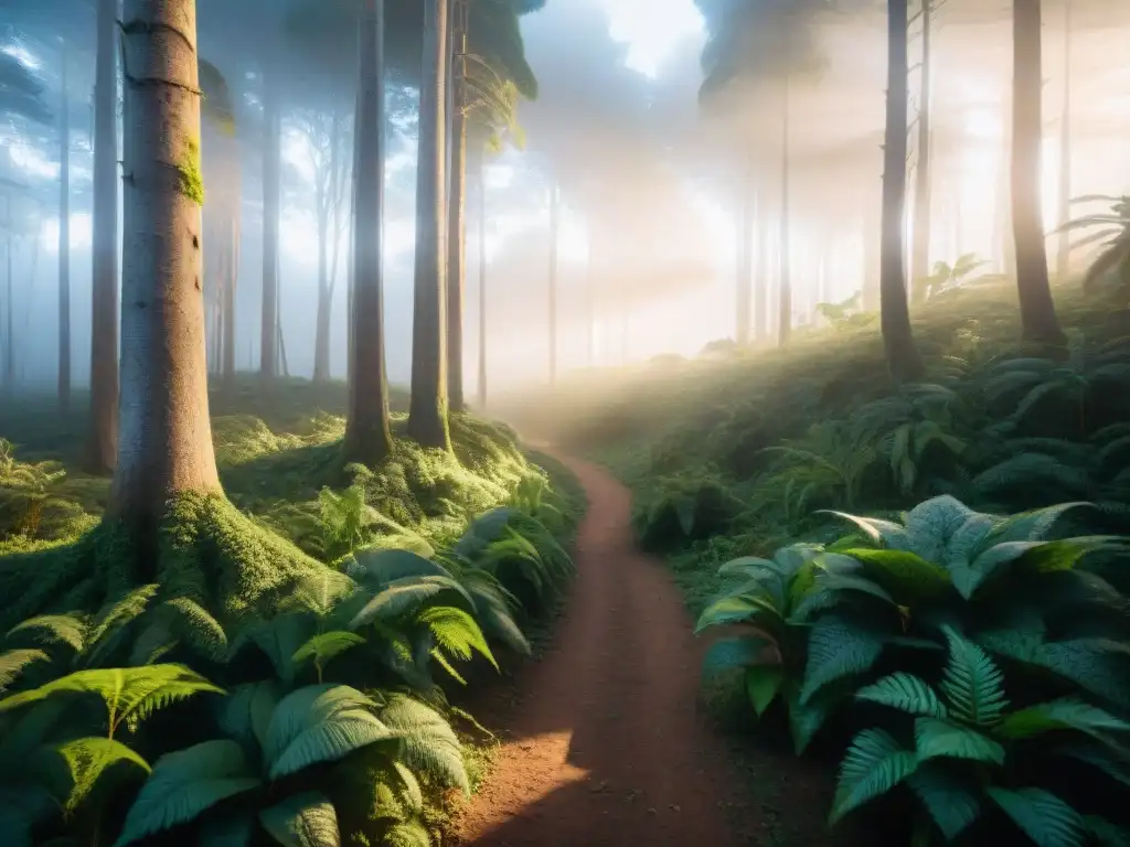 Sendero natural en un frondoso bosque de Uruguay al amanecer, con marcas naturales orientación camping Uruguay