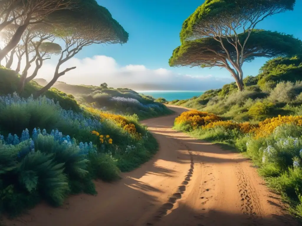 Un sendero sereno entre bosques verdes en Uruguay, con flora nativa vibrante