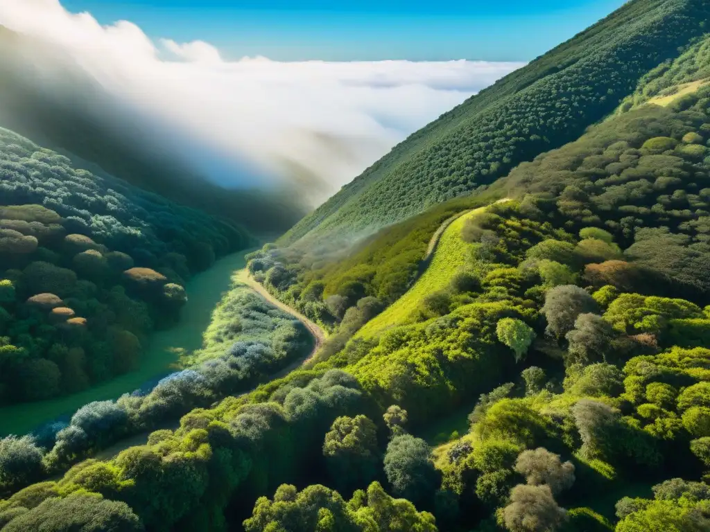 Un sendero serpenteante en el exuberante bosque de Uruguay, con un grupo diverso de excursionistas disfrutando de la naturaleza