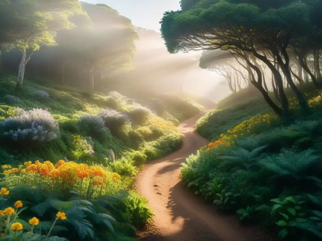 Un sendero serpenteante entre frondosos bosques de Uruguay, iluminado por el sol, rodeado de flora vibrante