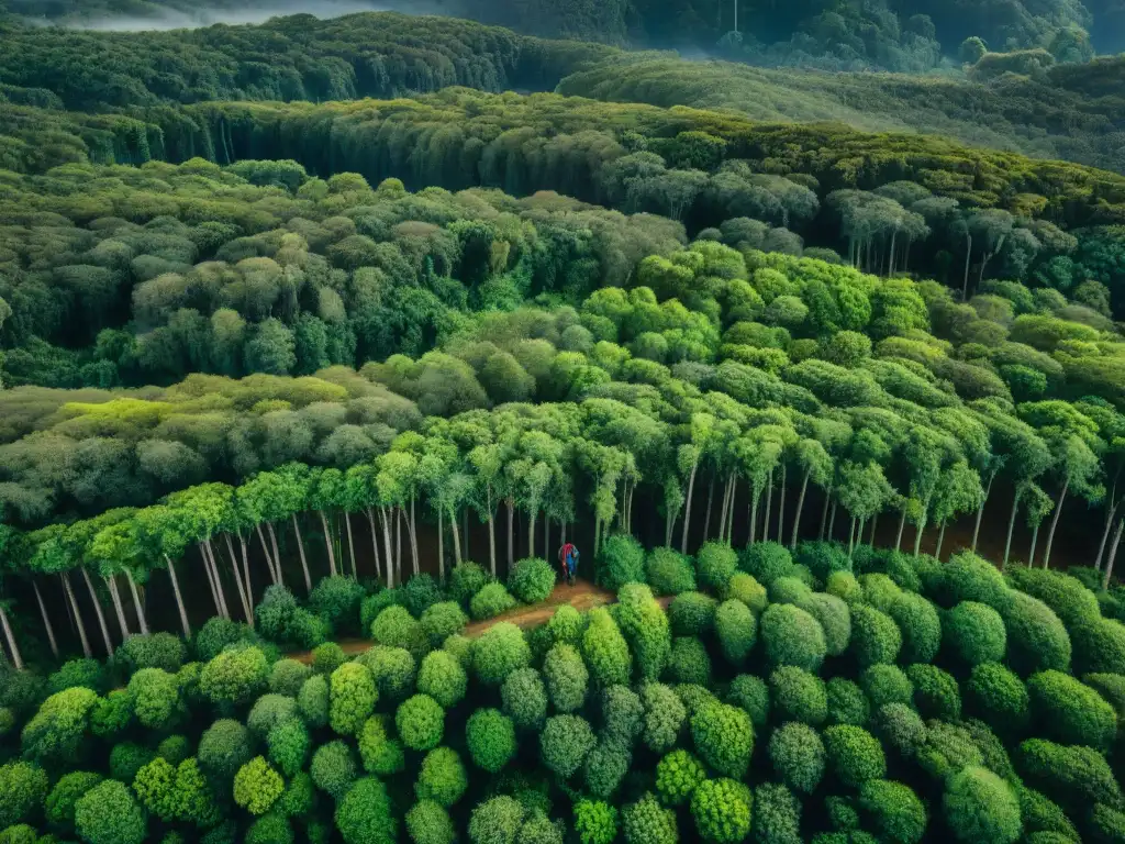 Un sendero serpenteante a través de un exuberante bosque en Uruguay, con un excursionista usando GPS y brújula para trekking en Uruguay