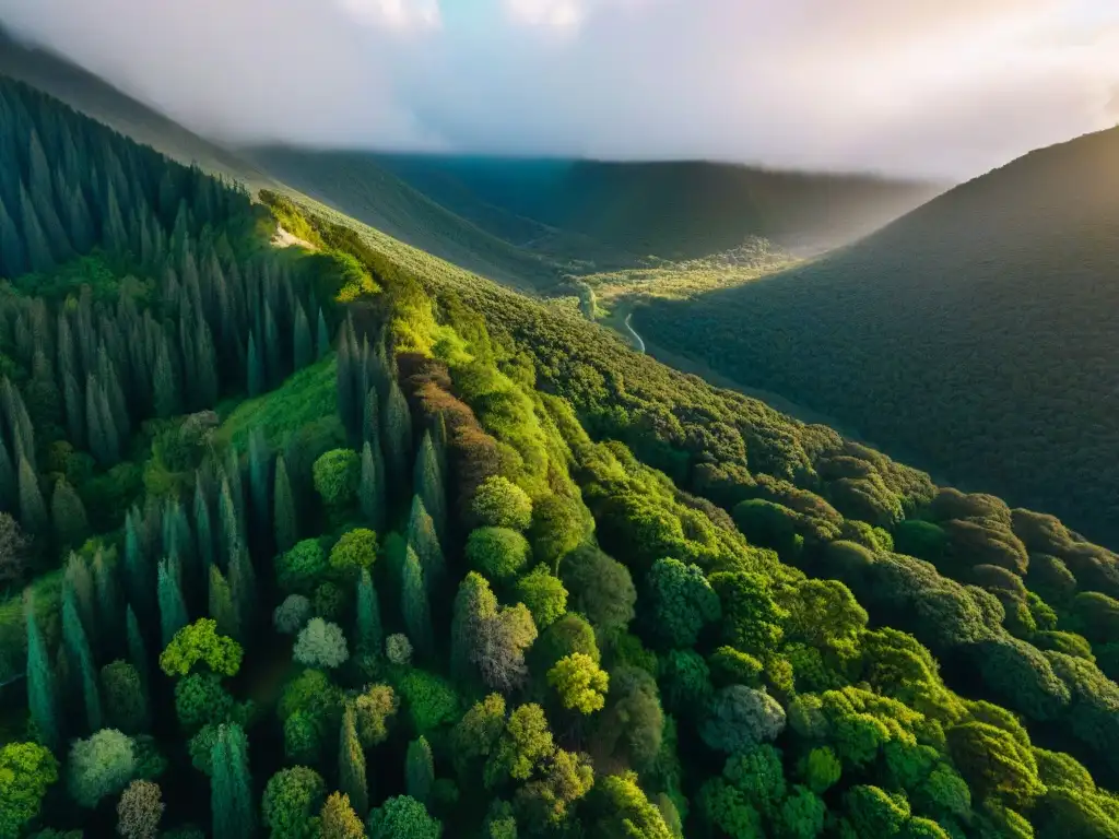 Sendero sinuoso en bosque verde de Uruguay, hikers coloridos bajo sol de tarde