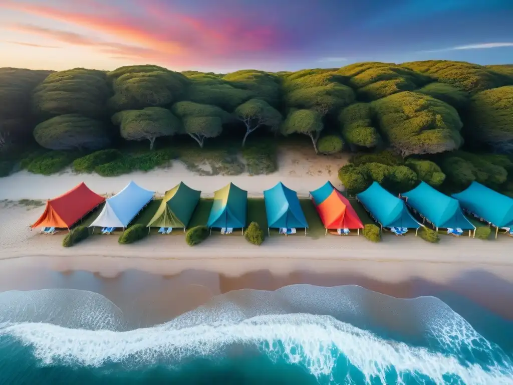 Tarde serena en la playa de Uruguay con coloridos atardeceres y tiendas de campaña