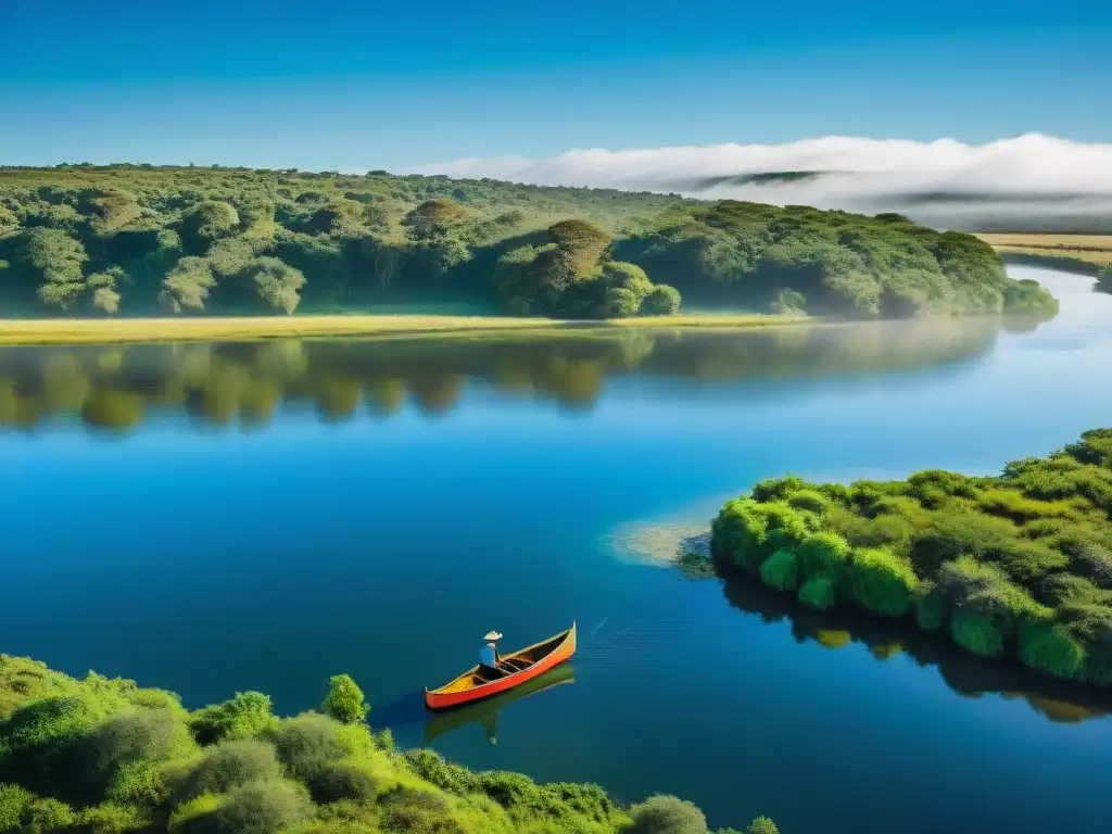 Explora la serenidad de un río en Uruguay, reflejando la exuberante vegetación bajo un cielo azul