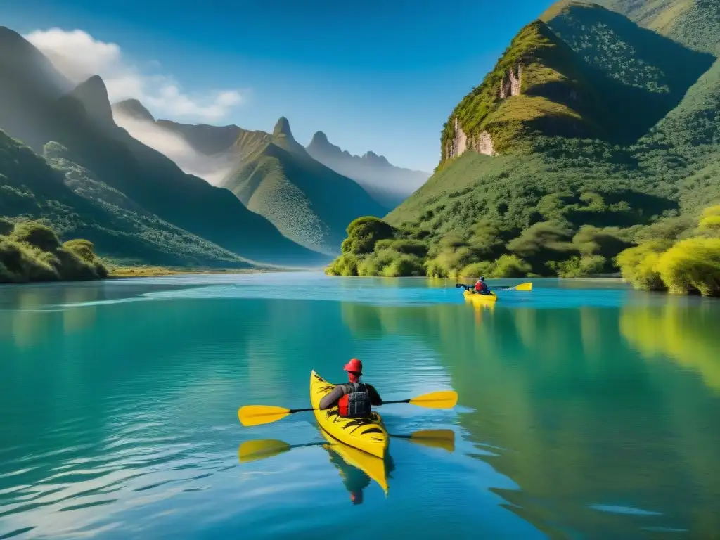 Kayakers explorando la serenidad del Río Limay en Río Negro, Uruguay