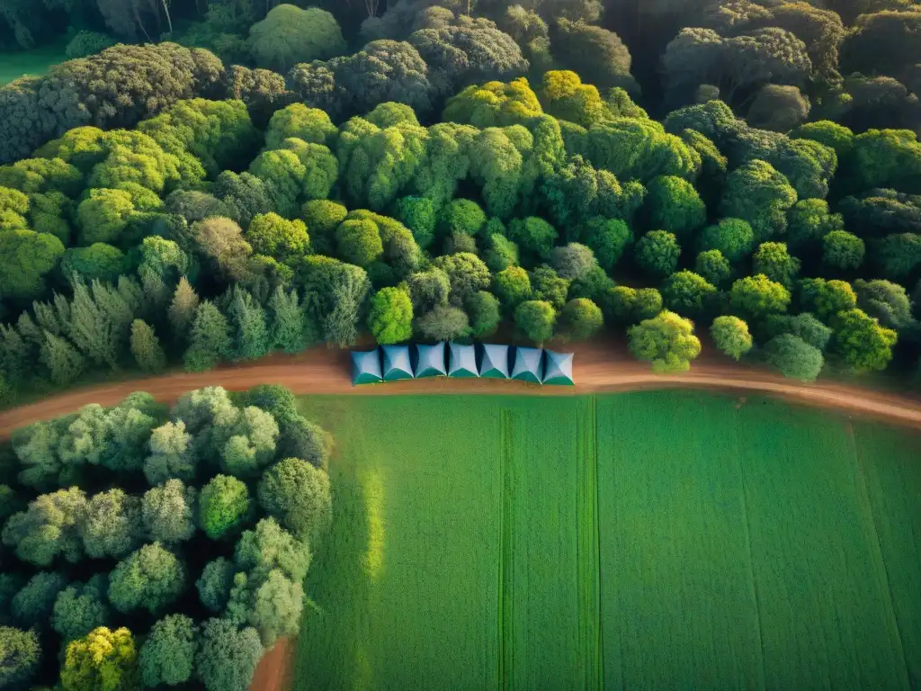 Un sereno campamento en Uruguay entre bosques verdes, resaltando la reforestación