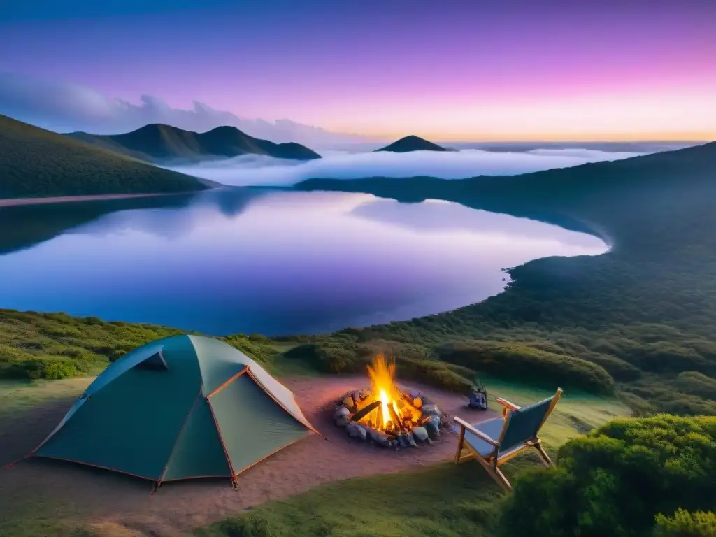 Amanecer sereno en un camping en Uruguay con cielo colorido reflejado en lago cristalino