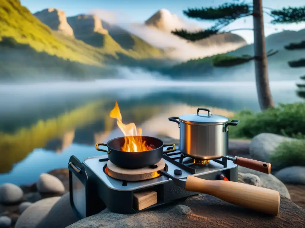 Amanecer sereno en camping uruguayo con estufa rústica y utensilios de cocina al lado del lago