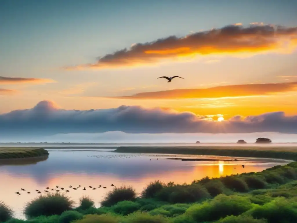 Amanecer sereno sobre humedales uruguayos con aves nativas en vuelo