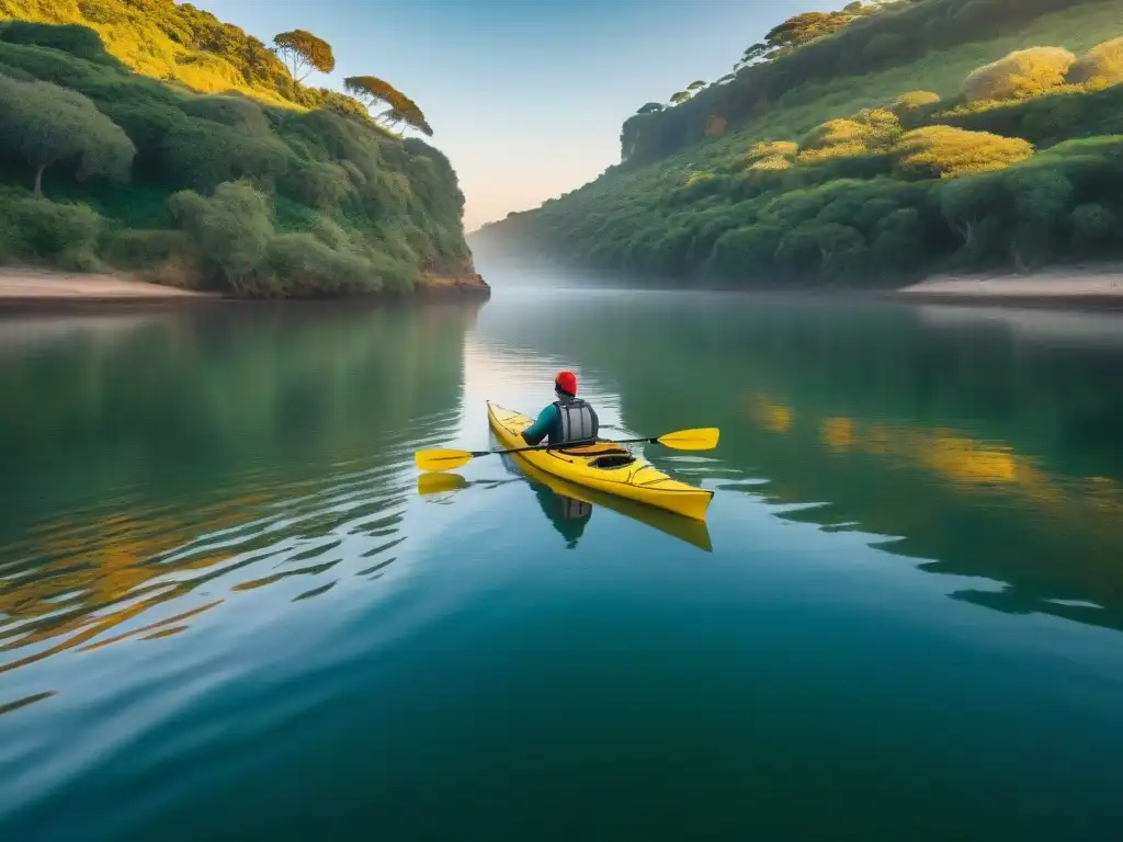 Un sereno río en Uruguay con un kayak deslizándose en aguas tranquilas al atardecer