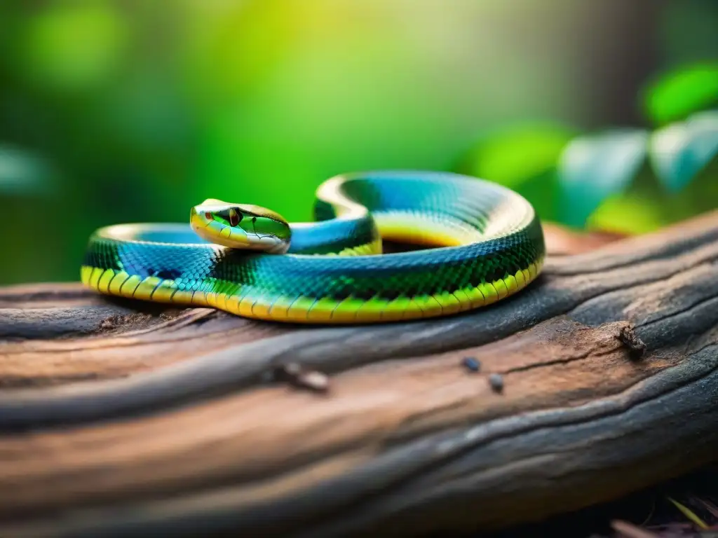 Encuentro serpientes campamento Uruguay: Serpiente verde vibrante deslizándose entre vegetación exuberante, mostrando su belleza cautivadora