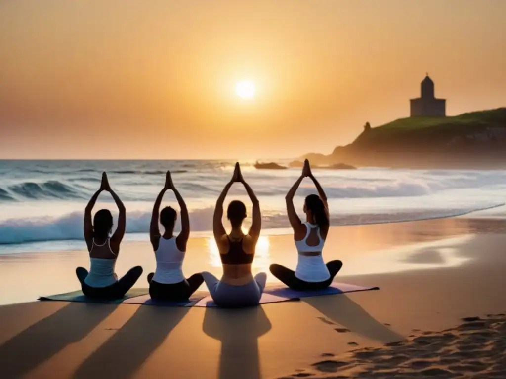 Una sesión de yoga al atardecer en una playa remota de Uruguay, donde la paz y la armonía reinan