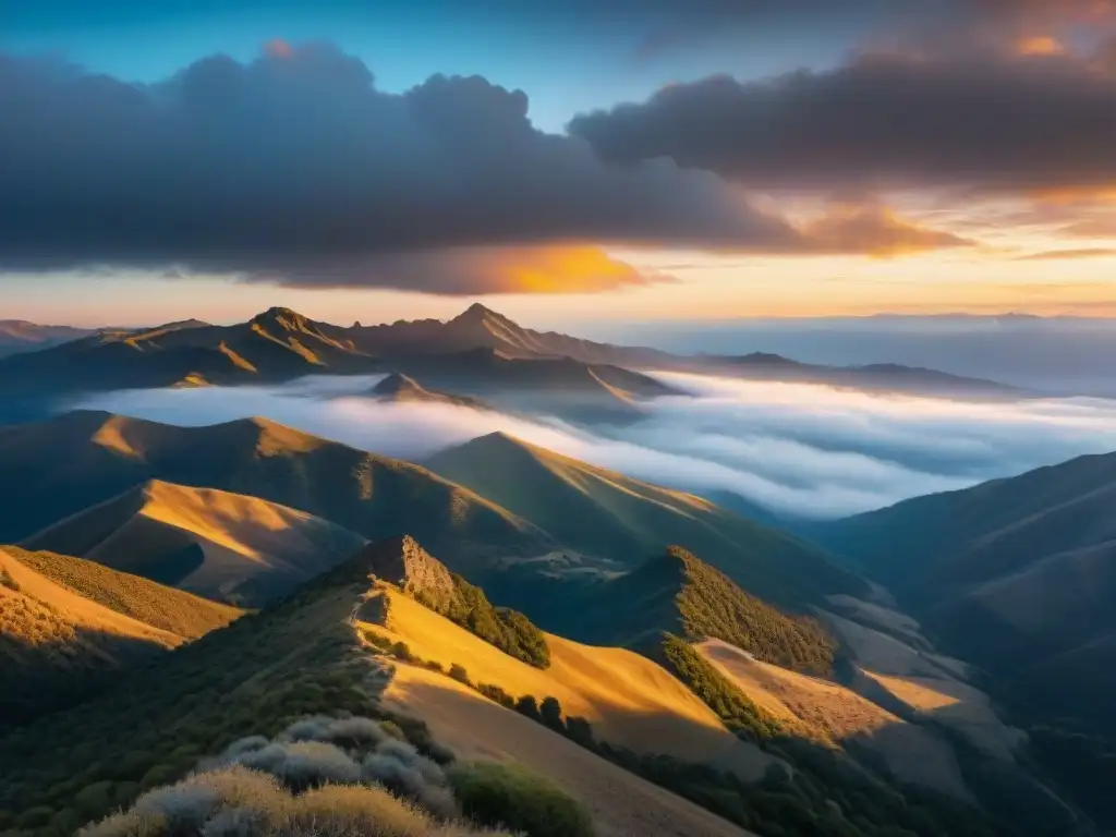 Sierra de las Ánimas leyendas: atardecer vibrante en las montañas, envueltas en misteriosa neblina al caer la noche